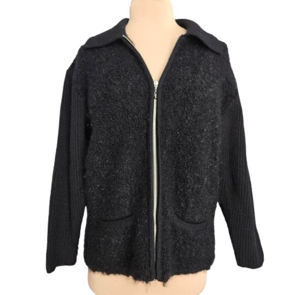 NYBASED Wool Mohair Black Jacket Womens Medium Pockets Ribbed Knit Back Full Zip - Picture 1 of 12